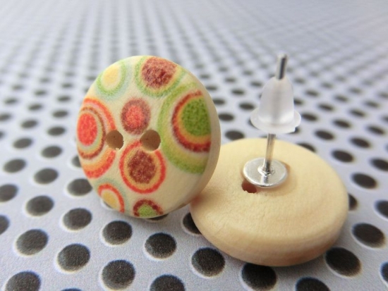 Preview: Ohrstecker Holzknöpfe Kreise 60s 60er